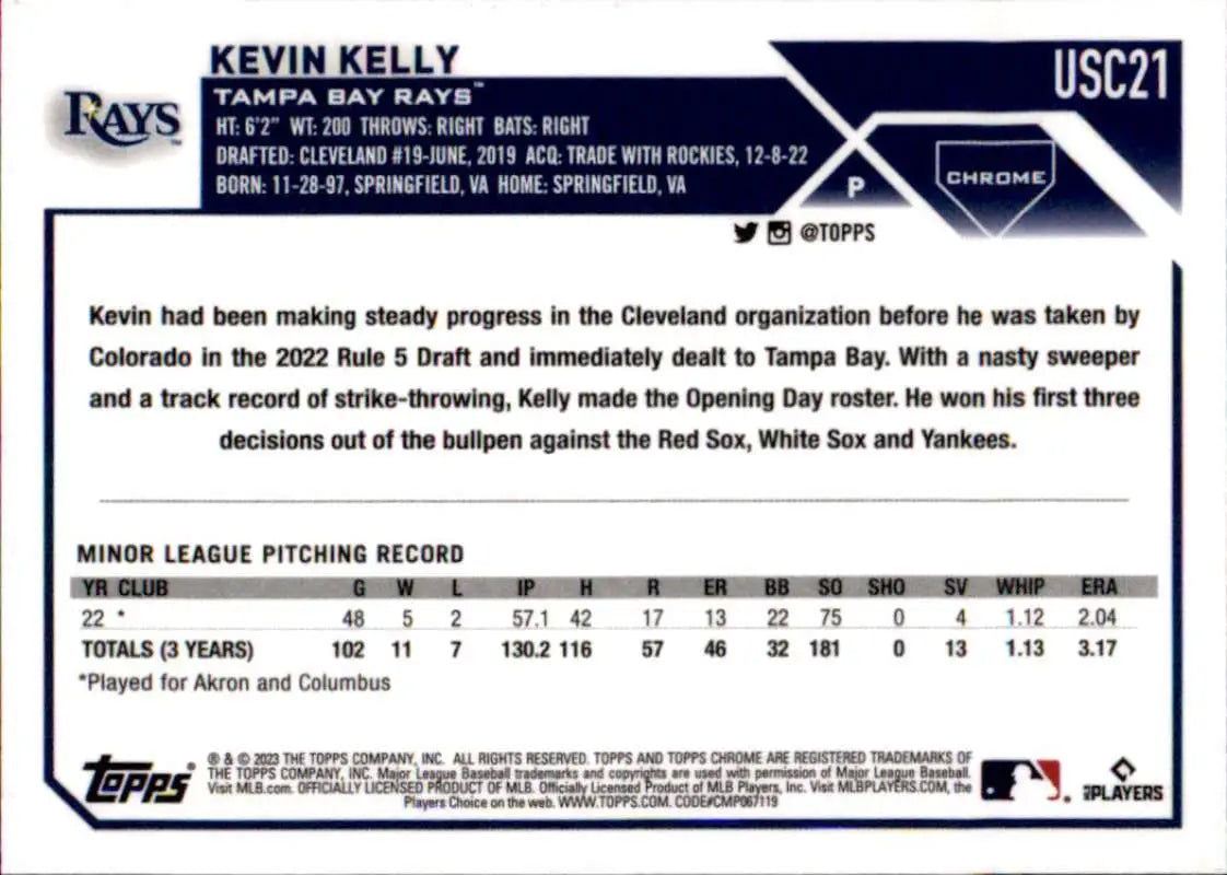 Baseball card featuring Kevin Kelly stats for Tampa Bay Rays 2023 Topps Chrome Update