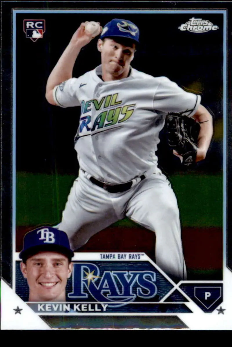 Kevin Kelly mid-delivery in white uniform on Tampa Bay Rays baseball card