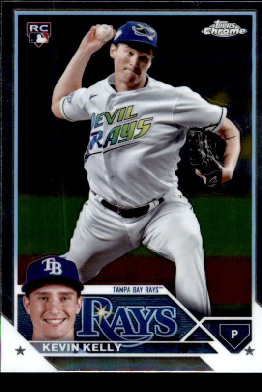 Kevin Kelly mid-delivery in white uniform on Tampa Bay Rays baseball card