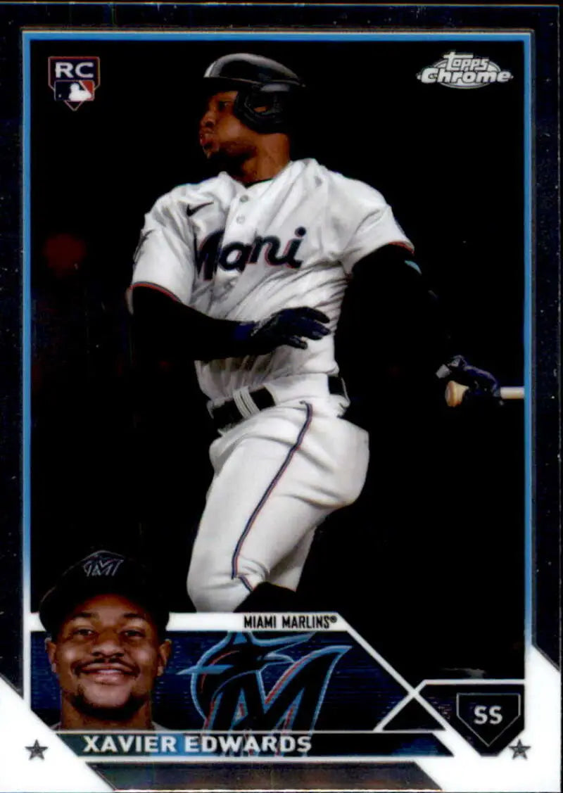 Xavier Edwards Miami Marlins Baseball Card in white uniform at bat 2023 Topps Chrome Update