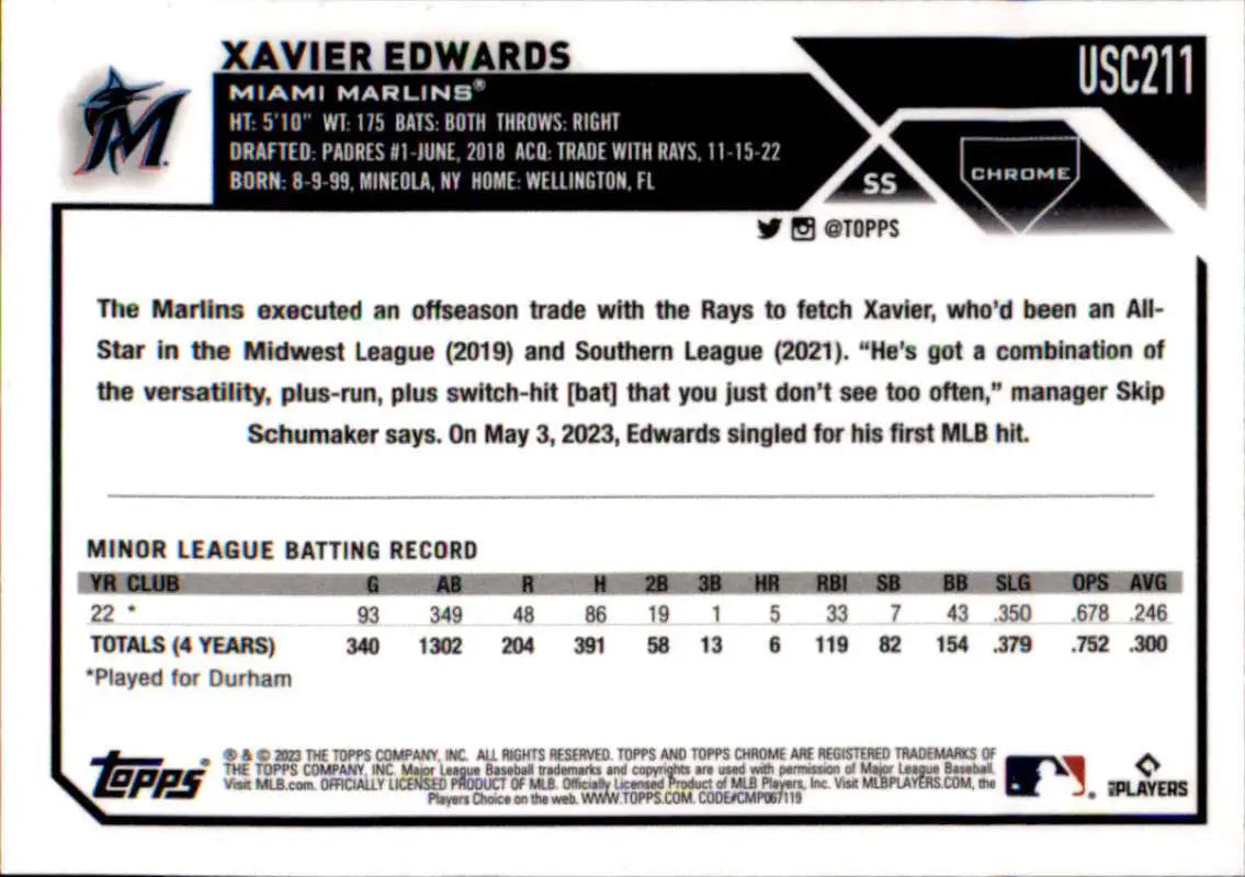 2023 Topps Chrome Update Xavier Edwards Miami Marlins Baseball Card with stats and info