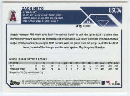 Zach Neto Rookie Baseball Card showcasing Los Angeles Angels statistics and biography