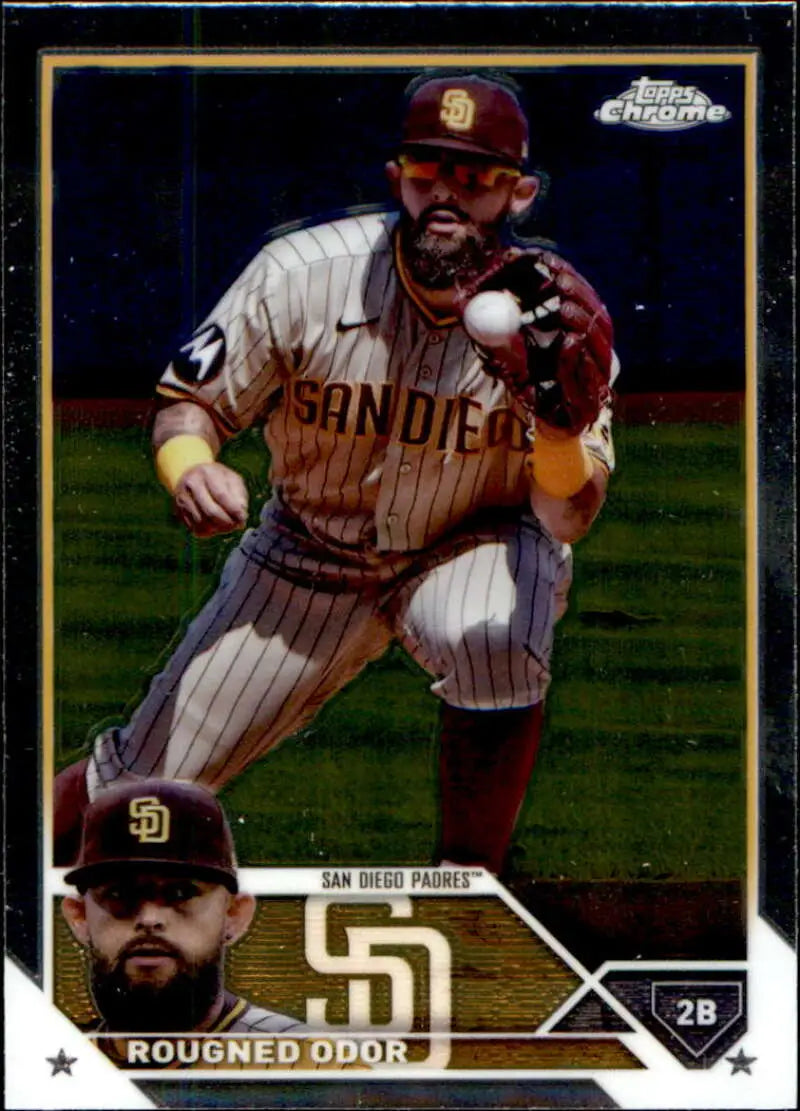 Baseball card of Rougned Odor in pinstripe uniform, San Diego Padres fielding action