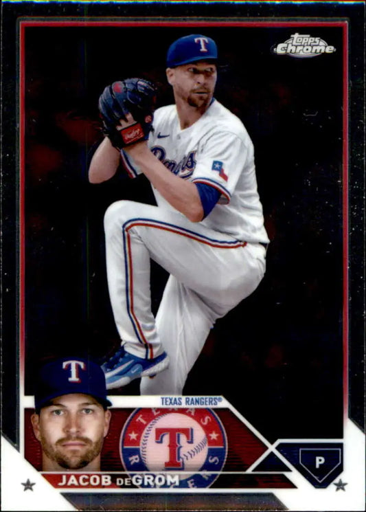 Jacob deGrom mid-windup in white uniform on 2023 Topps Chrome Update baseball card