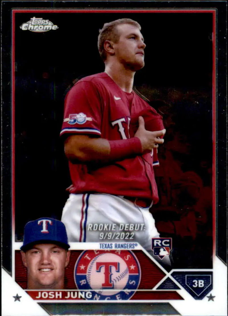 Josh Jung Texas Rangers Baseball Card in red uniform from 2023 Topps Chrome Update