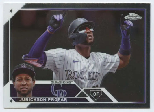 Jurickson Profar celebrates on 2023 Topps Chrome Update Colorado Rockies card