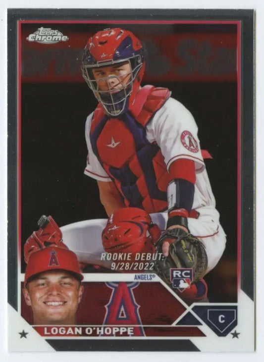 2023 Topps Chrome Update Logan O’Hoppe baseball card of Angels catcher in red uniform