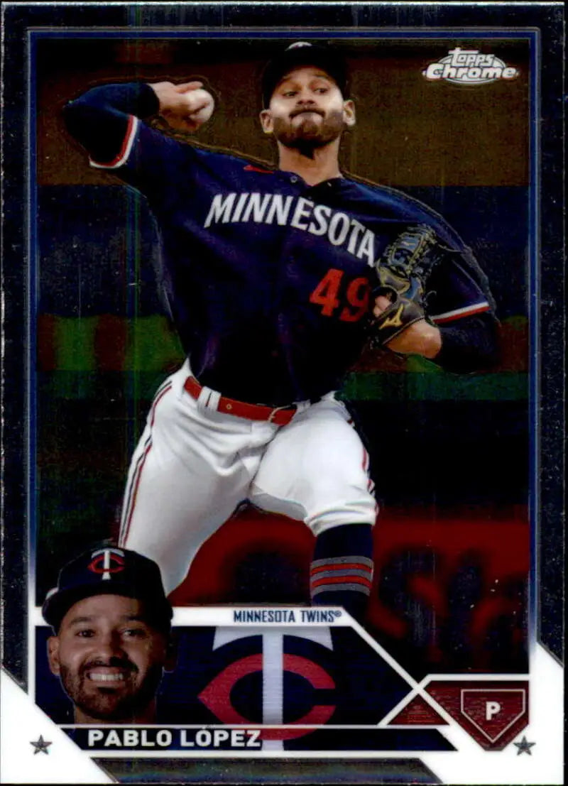 Baseball card of Pablo Lopez from Minnesota Twins in navy uniform, Topps Chrome Update