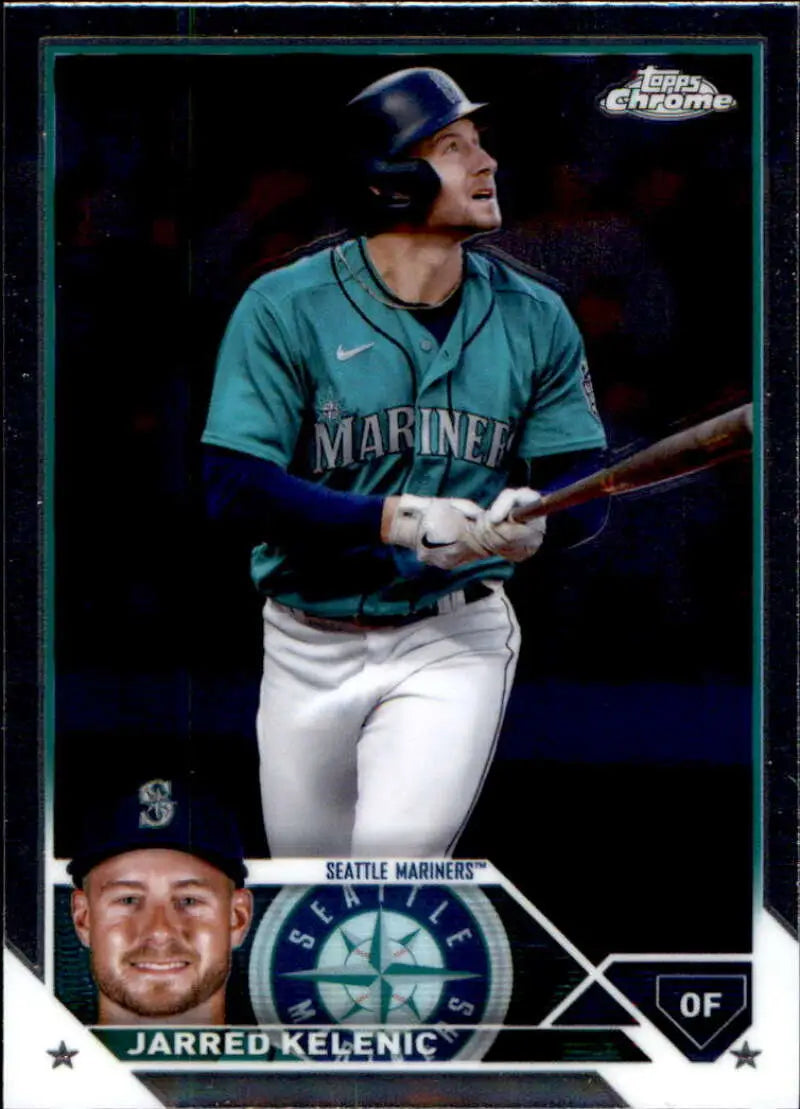 Baseball card of Jarred Kelenic in teal Seattle Mariners jersey from 2023 Topps Chrome Update