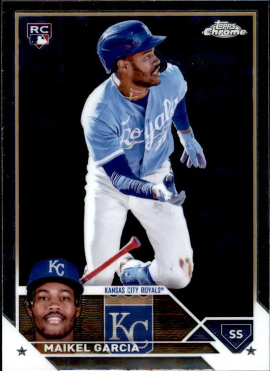 Baseball card of Maikel Garcia in action for the Kansas City Royals with split-panel design