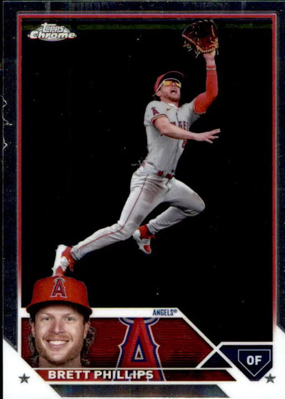 Los Angeles Angels Brett Phillips Baseball Card with leaping catch action shot