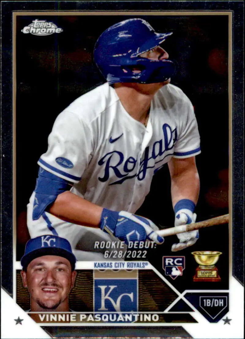 2023 Topps Chrome Update Vinnie Pasquantino baseball card in Royals uniform and helmet