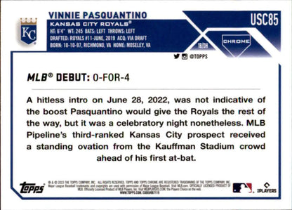 Baseball card of Vinnie Pasquantino’s MLB debut from Topps Chrome Update