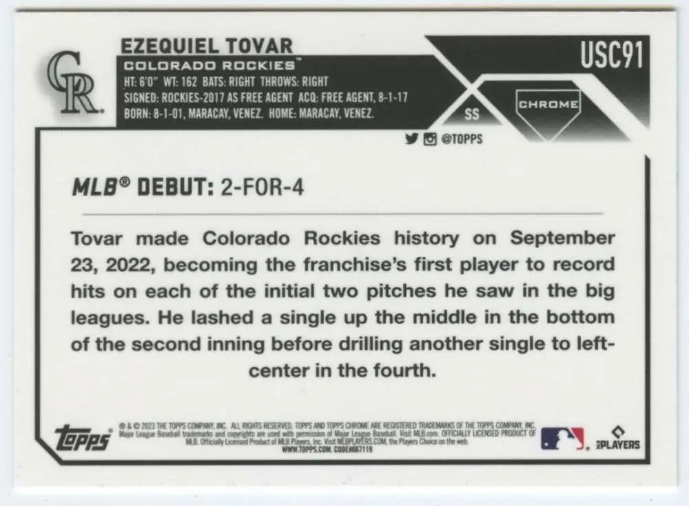 2023 Topps Chrome Update Ezequiel Tovar MLB debut statistics baseball card