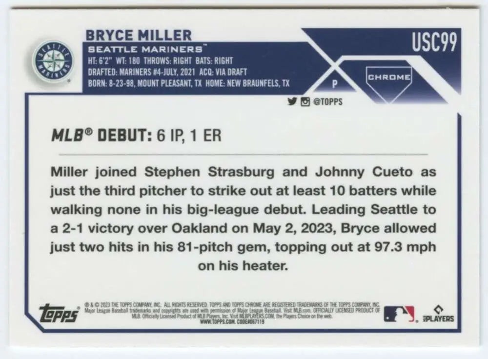 Bryce Miller Seattle Mariners baseball card featuring MLB debut statistics and game details