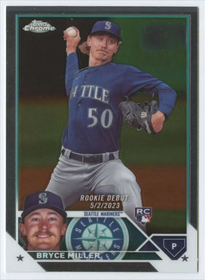 Baseball card of Bryce Miller, Seattle Mariners pitcher, in blue uniform number 50