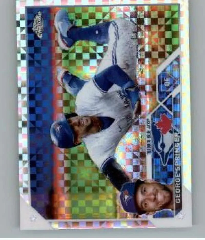 Holographic baseball card of George Springer, Toronto Blue Jays player in white uniform