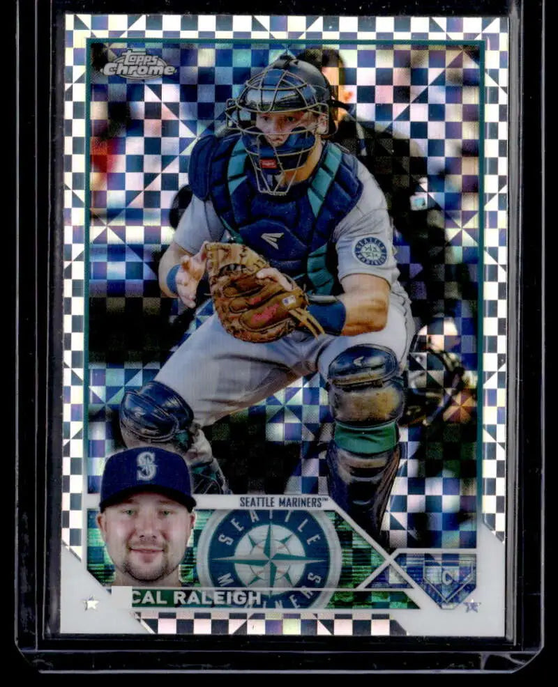 Cal Raleigh crouched in navy gear on a Seattle Mariners Baseball Card 2023 Topps Chrome