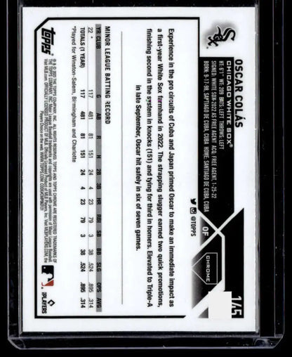 Black and white trading card featuring Oscar Colas statistics from Topps Chrome X-Fractor