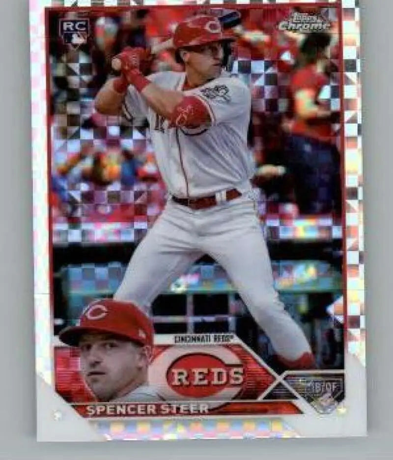 Cincinnati Reds Topps Chrome X-Fractor Spencer Steer Rookie Baseball Card with holographic pattern