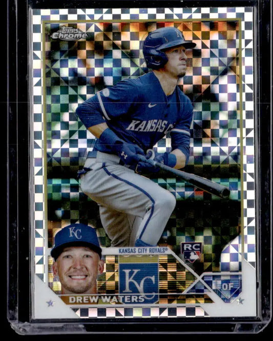 Baseball card of Drew Waters, Kansas City Royals player, with blue uniform and chrome design