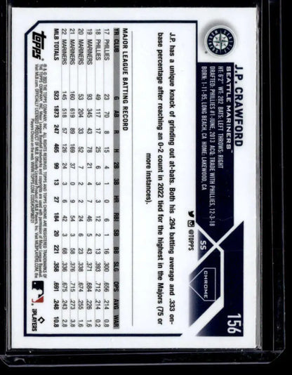 2023 Topps Chrome J.P. Crawford baseball card featuring Seattle Mariners stats and info