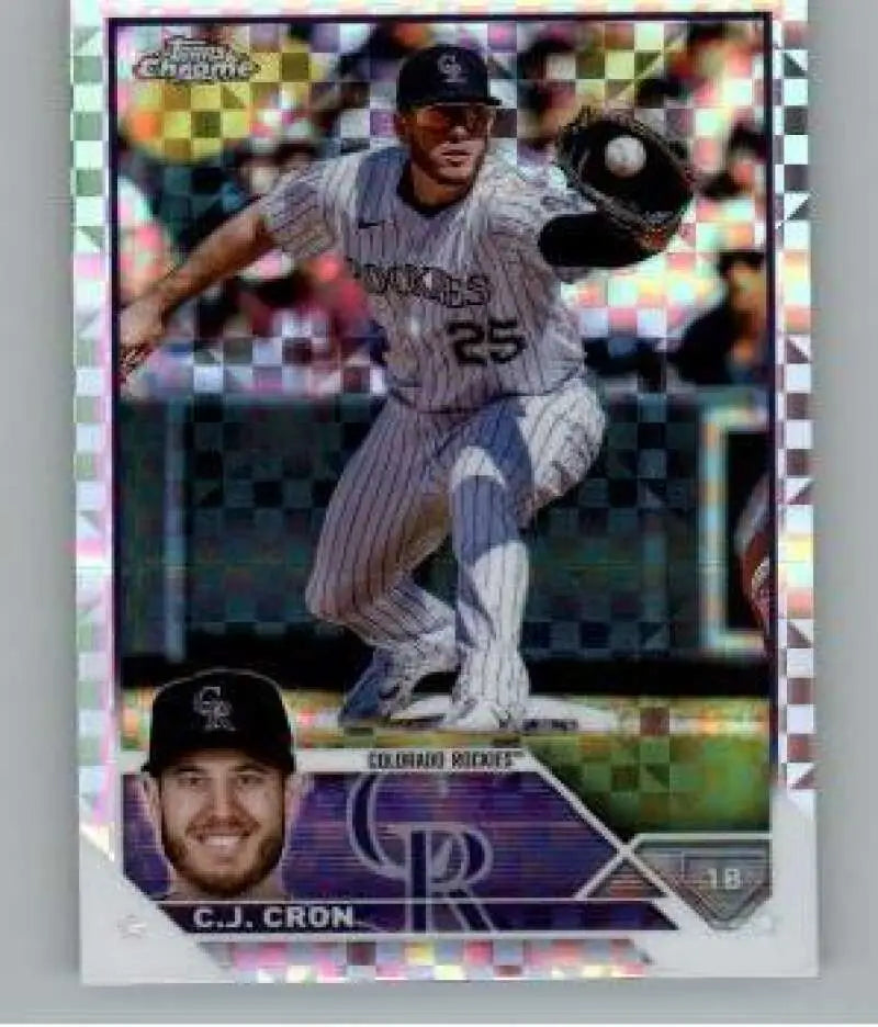 Chrome refractor baseball card of C.J. Cron fielding for the Colorado Rockies