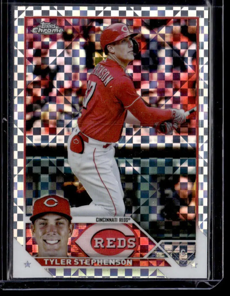 Topps Chrome Tyler Stephenson Cincinnati Reds Baseball Card in red checkered uniform design