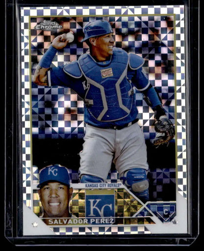 Baseball card of Salvador Perez in Kansas City Royals blue gear with checkered design