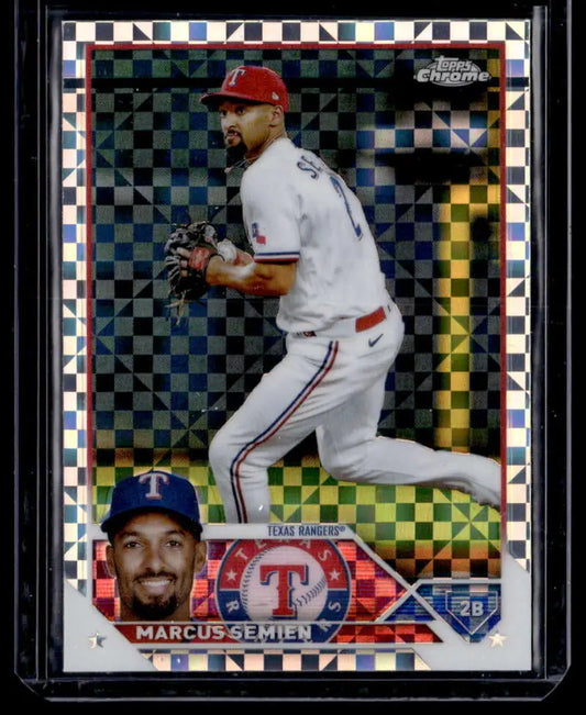 Baseball card of Marcus Semien in Texas Rangers uniform with holographic design