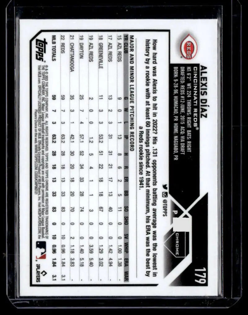 Back of 2023 Topps Chrome X-Fractor #179 Alexis Diaz Cincinnati Reds Baseball Card stats