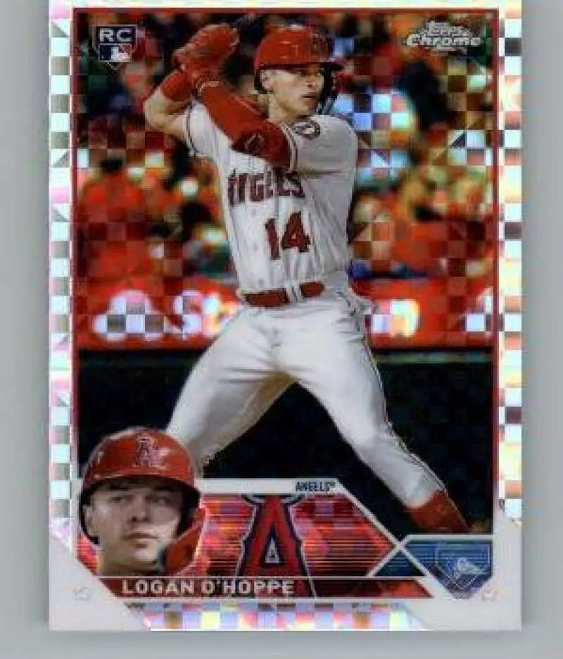 Baseball card of Logan O’Hoppe in white Los Angeles Angels uniform, Topps Chrome design