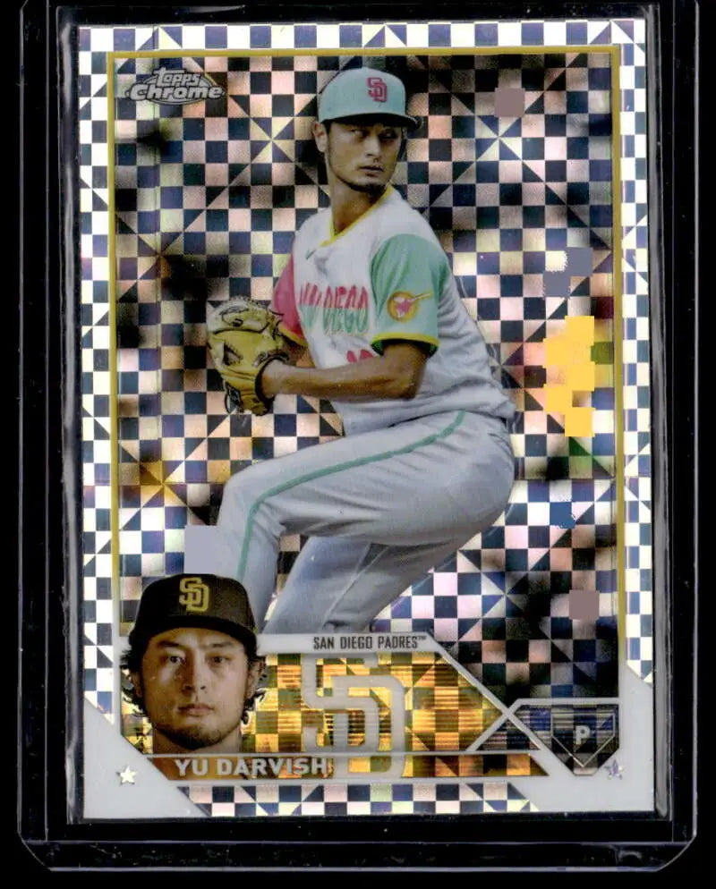 Baseball card featuring Yu Darvish with checkered holographic design for San Diego Padres