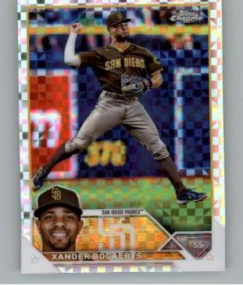 Xander Bogaerts San Diego Padres baseball card in throwing motion, 2023 Topps Chrome X-Fractor