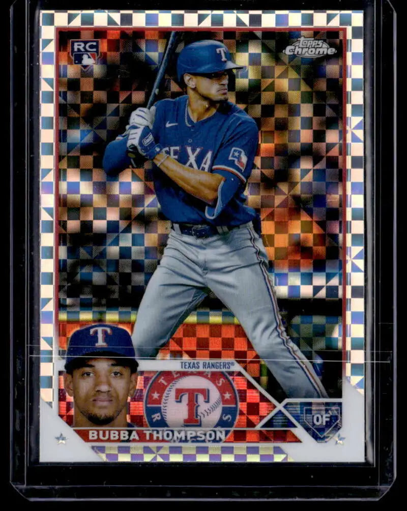 Bubba Thompson Texas Rangers Baseball Card in batting stance with chrome checkered overlay