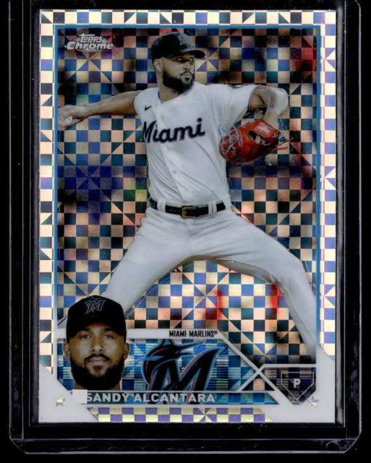 Chrome refractor baseball card of Sandy Alcantara in mid-throw for Topps Chrome