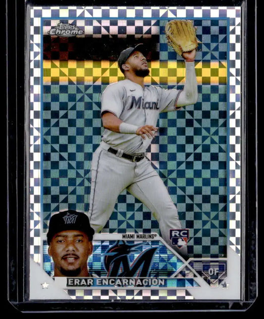 Jerar Encarnacion catching in gray uniform on 2023 Topps Chrome Miami Marlins card