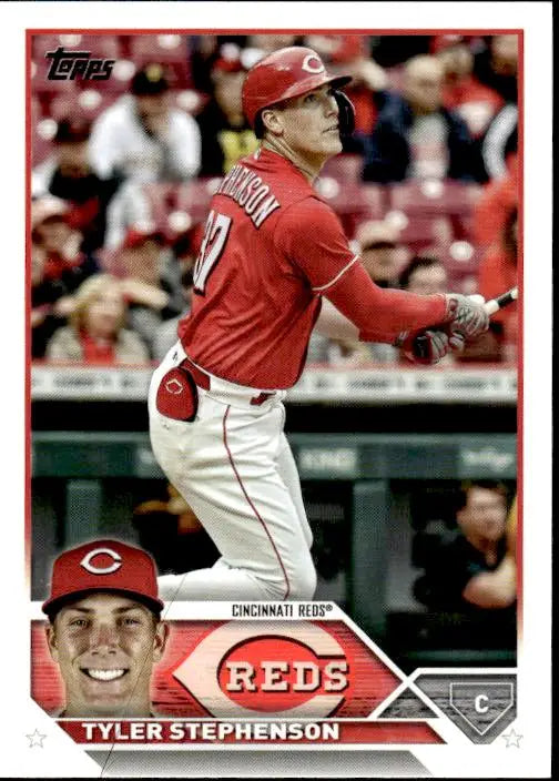 Baseball card of Tyler Stephenson in red uniform for Topps Cincinnati Reds