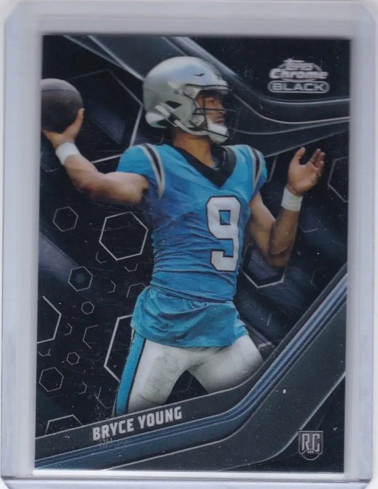 Chrome-finish NFL rookie trading card of Bryce Young in throwing pose for Carolina Panthers