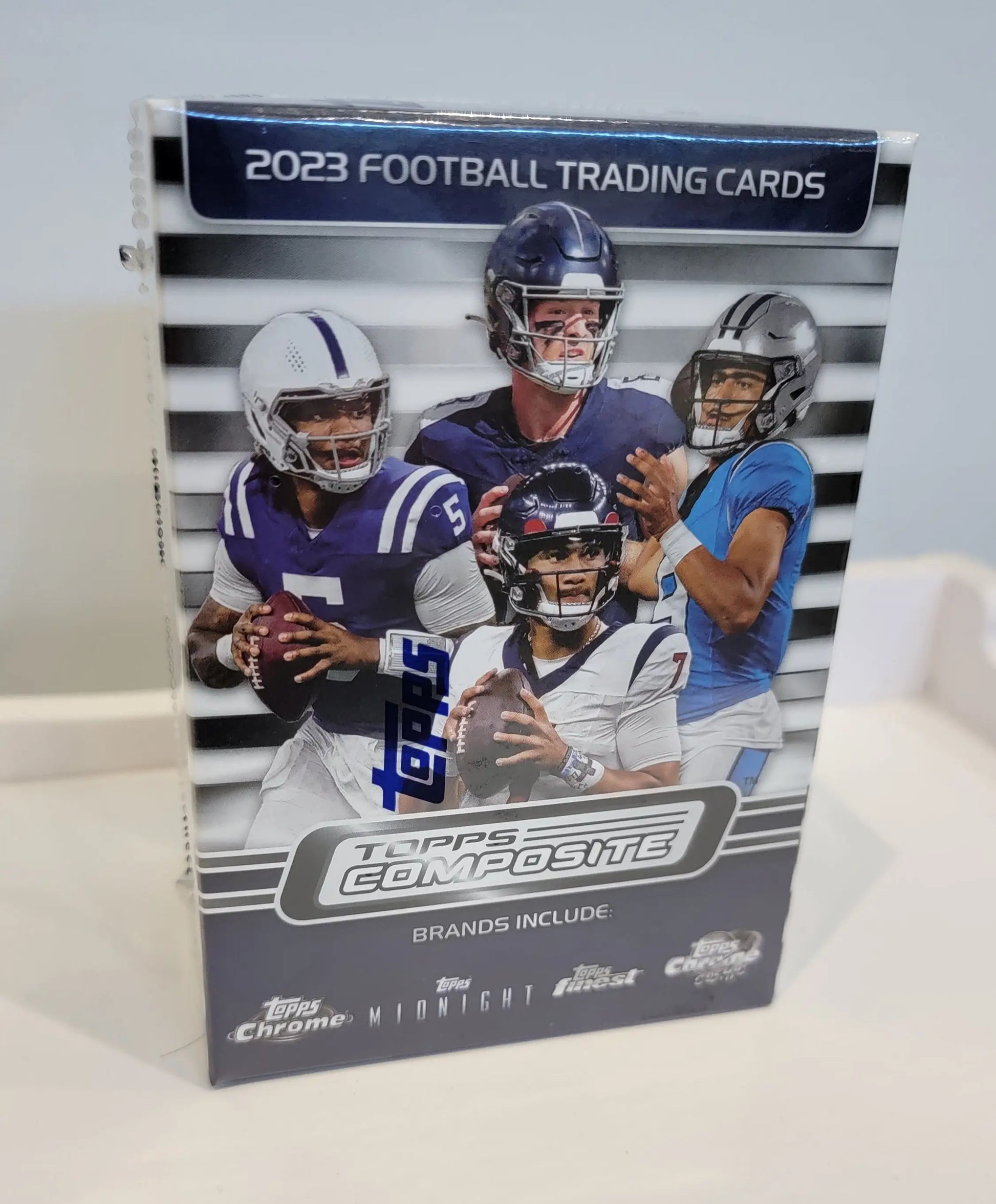 2023 Topps Composite Football Blaster box showcasing trading cards featuring quarterbacks