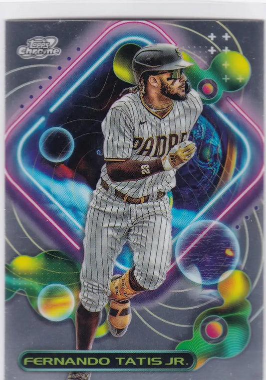 Baseball trading card of Tatis Jr San Diego Padres in pinstripe, Topps Cosmic Chrome design