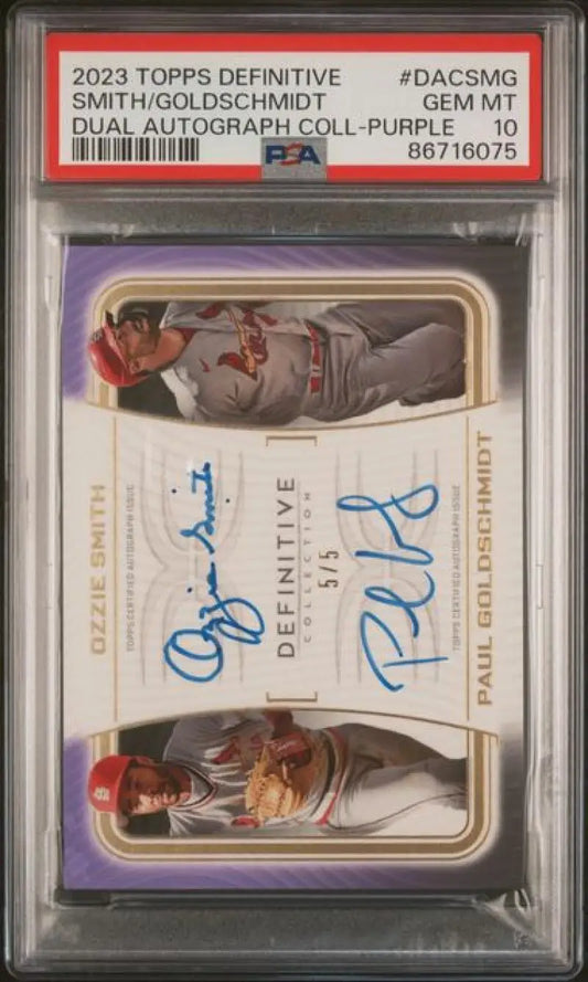 PSA-graded 2023 Topps Definitive Collection Dual Autograph Purple Ozzie Smith Paul Goldschmidt