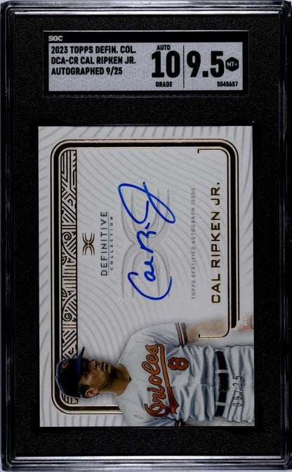 Graded baseball card featuring Cal Ripken Jr. autograph in blue ink for Baltimore Orioles