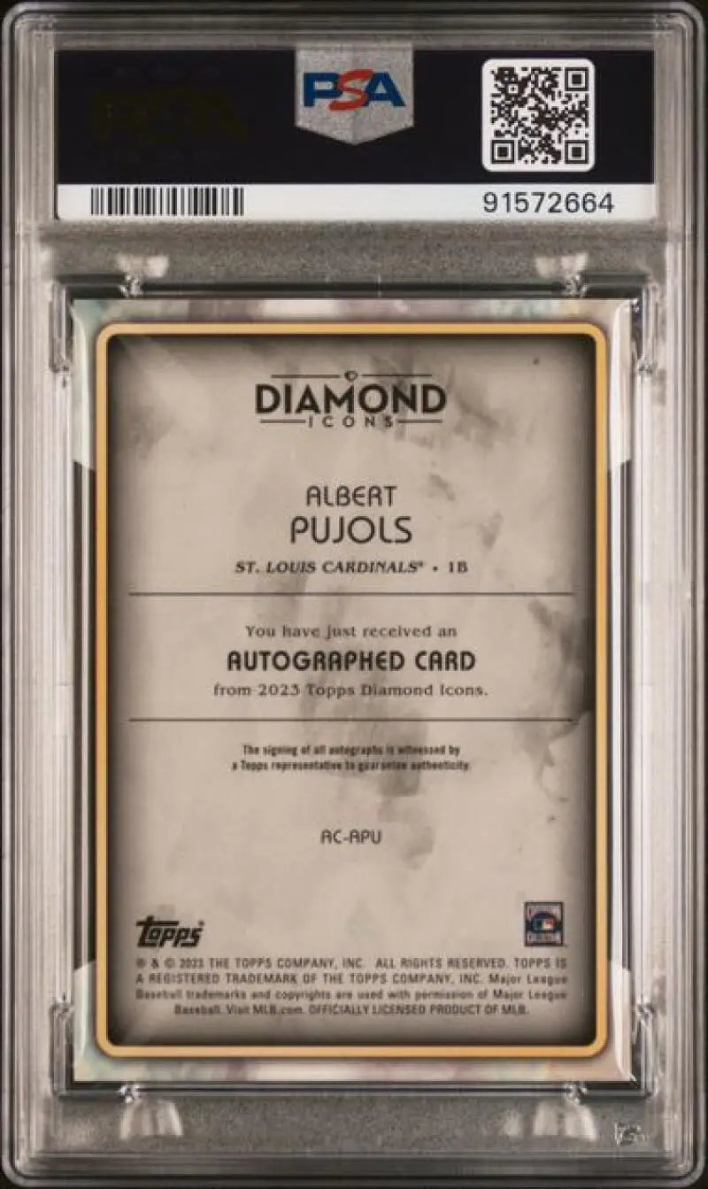 PSA-graded 2023 Topps Diamond Icons Albert Pujols card with QR code in protective case