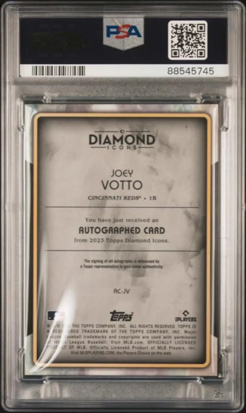 PSA-graded autographed Joey Votto baseball card in protective case for Cincinnati Reds fans