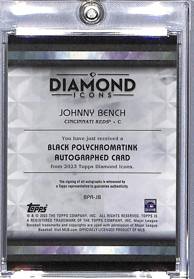 Clear protective sleeve with Diamond Icons baseball card redemption notice for Johnny Bench