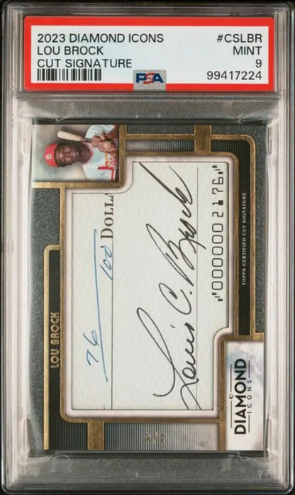 PSA-graded Lou Brock baseball card with cut signature in protective holder