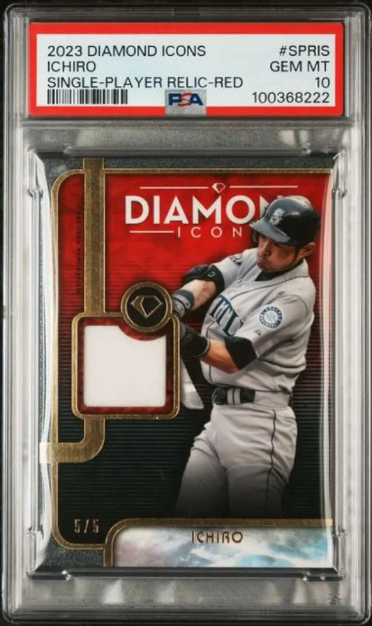 PSA 10 Gem Mint Seattle Mariners Baseball Card with Ichiro game-used relic from 2023 set