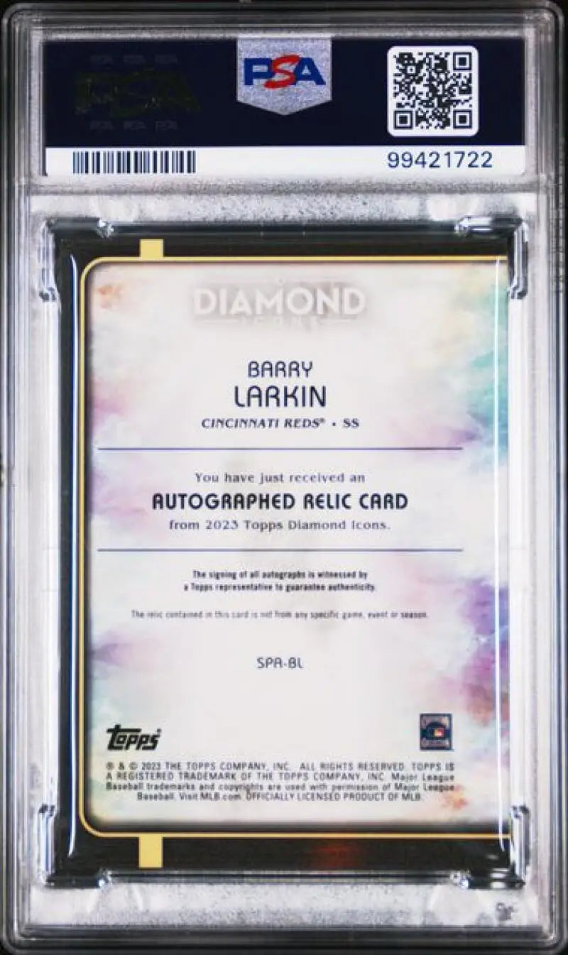 PSA-graded back of 2023 Topps Diamond Icons Barry Larkin card with QR code and details