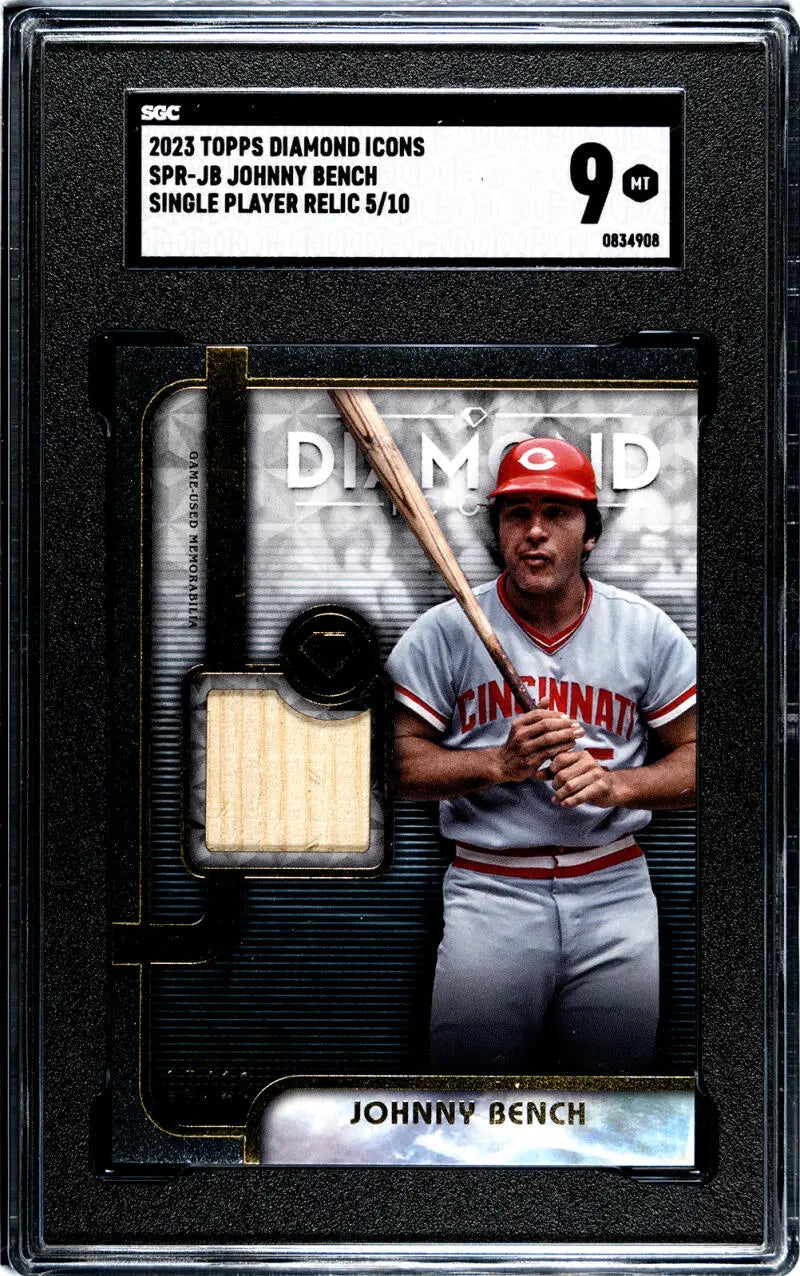 Graded 2023 Topps Diamond Icons Johnny Bench card with game-used bat piece, Cincinnati Reds